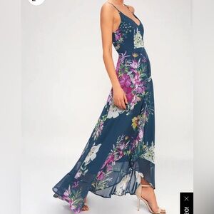 Lulu’s Passion Island Teal Blue Floral Print Maxi Dress size small
